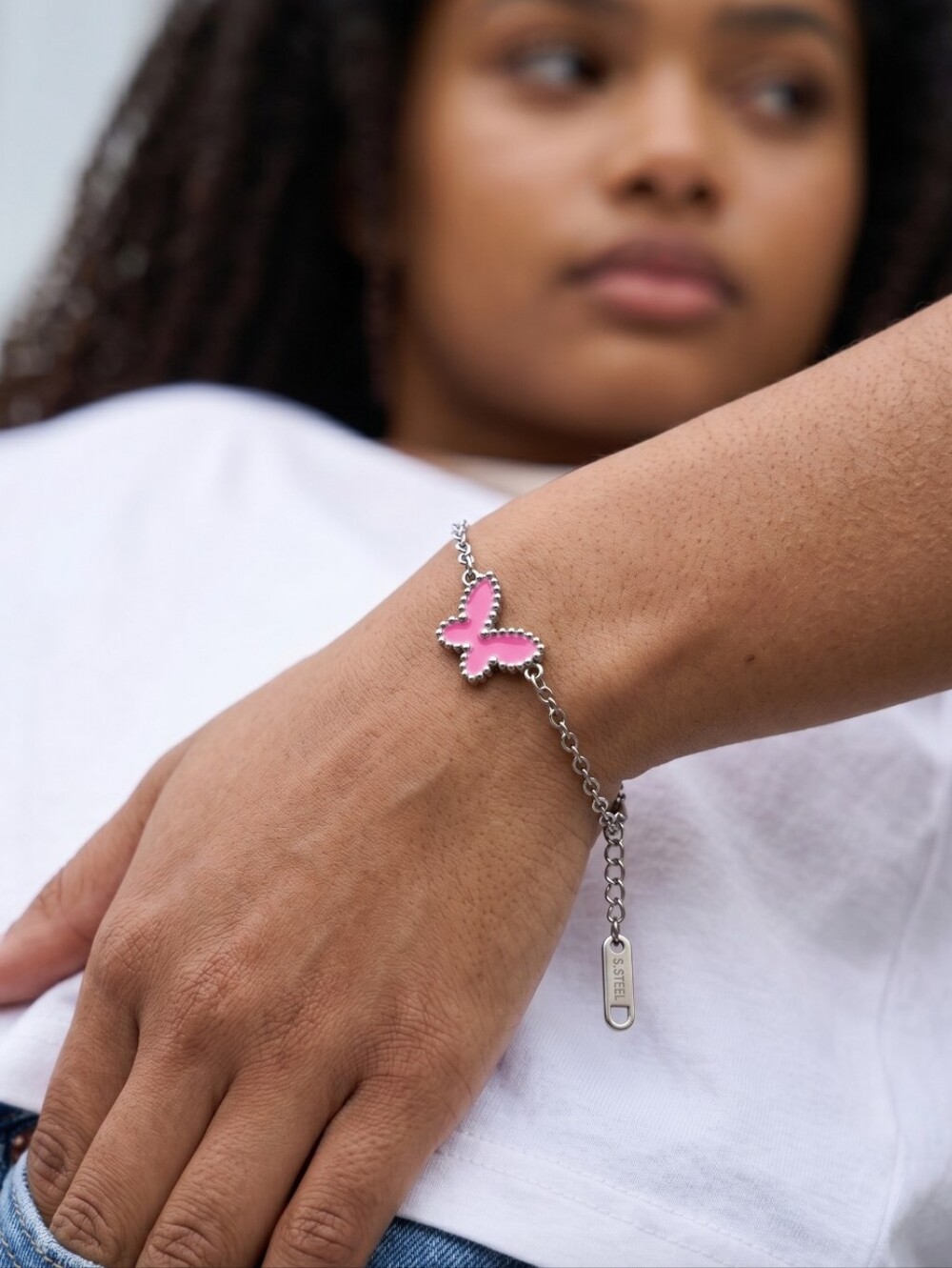 Pink 'Single Butterfly' Chain Bracelet